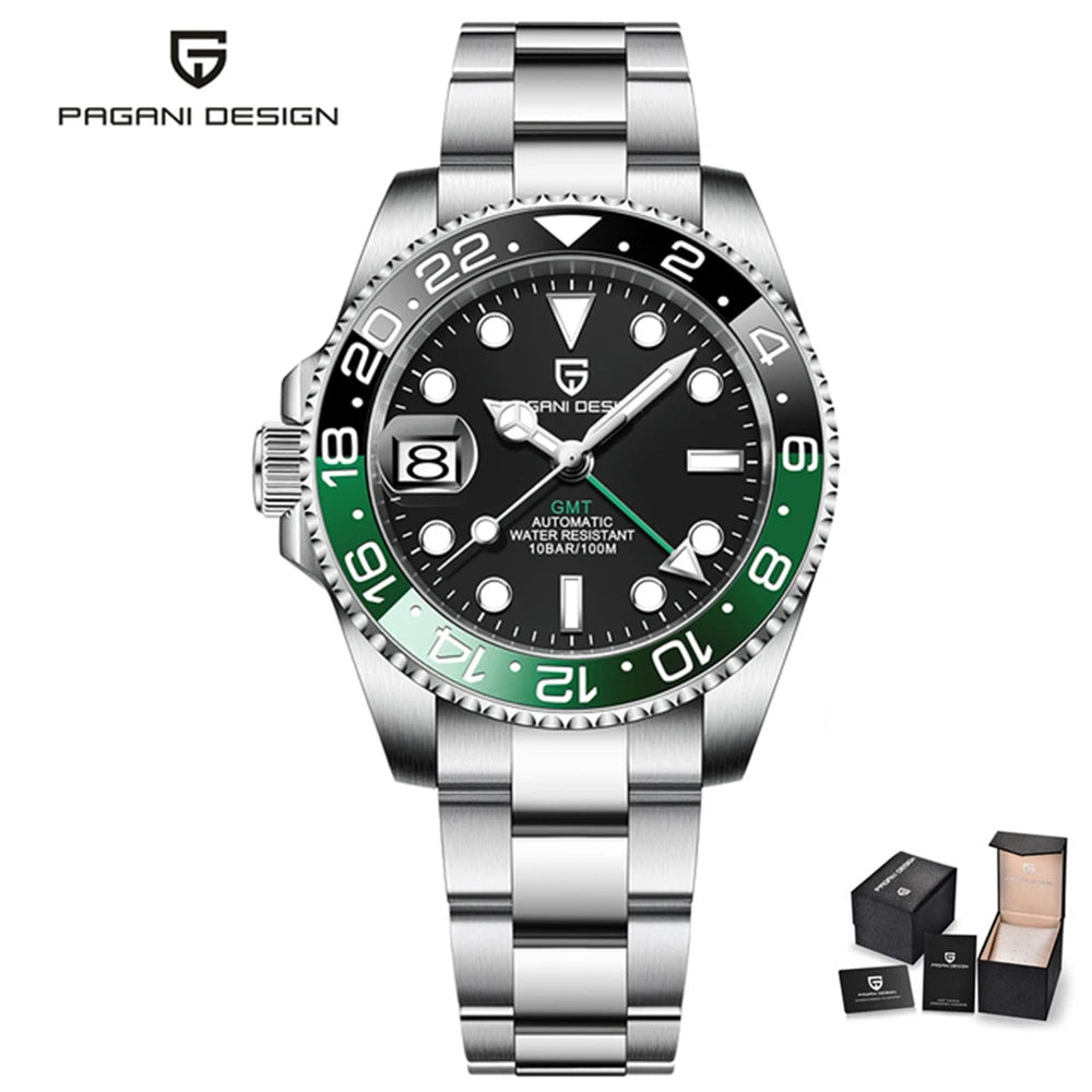 Zegarek mechaniczny męski pagani design pd-1662 luksusowy gmt - szafir, stal, wodoodporny 100m