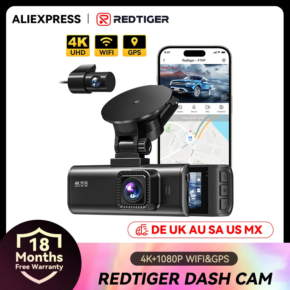 Redtiger f7np 4k podwójna kamera samochodowa z gps i monitorowaniem parkowania 24h