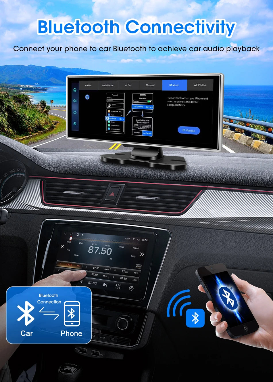 Kamera samochodowa 4k 10/11.26" z bezprzewodowym carplay i android auto | gps | podwójny obiektyw
