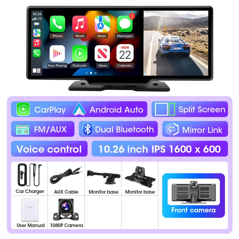 Kamera samochodowa 4k 10/11.26" z bezprzewodowym carplay i android auto | gps | podwójny obiektyw
