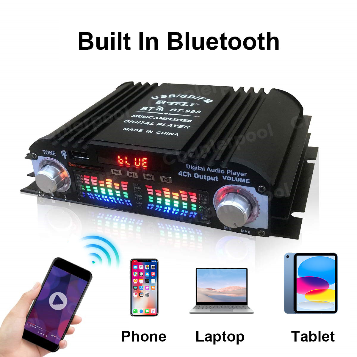 Wzmacniacz dźwięku hi-fi 1600w peak, 4-kanałowy cyfrowy, z bluetooth, karaoke i radiem fm, obsługa pilotem