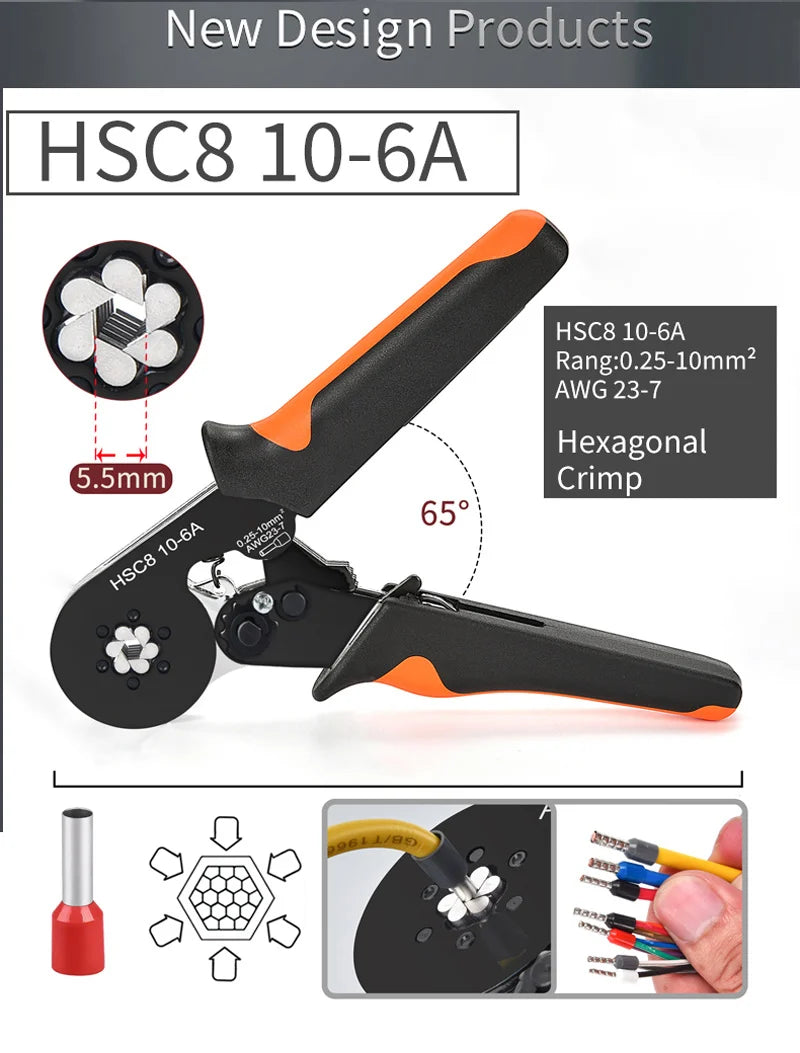 Hexagonal Self-Adjustable Ratchet Ferrule Crimping Tool Kit 23-7AWG | Precision Electrical Connectors