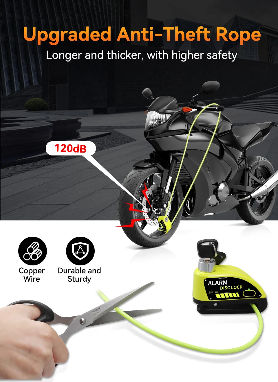 Zabezpieczenie motocykla extractme 110db z alarmem - wodoodporna blokada tarczy hamulcowej