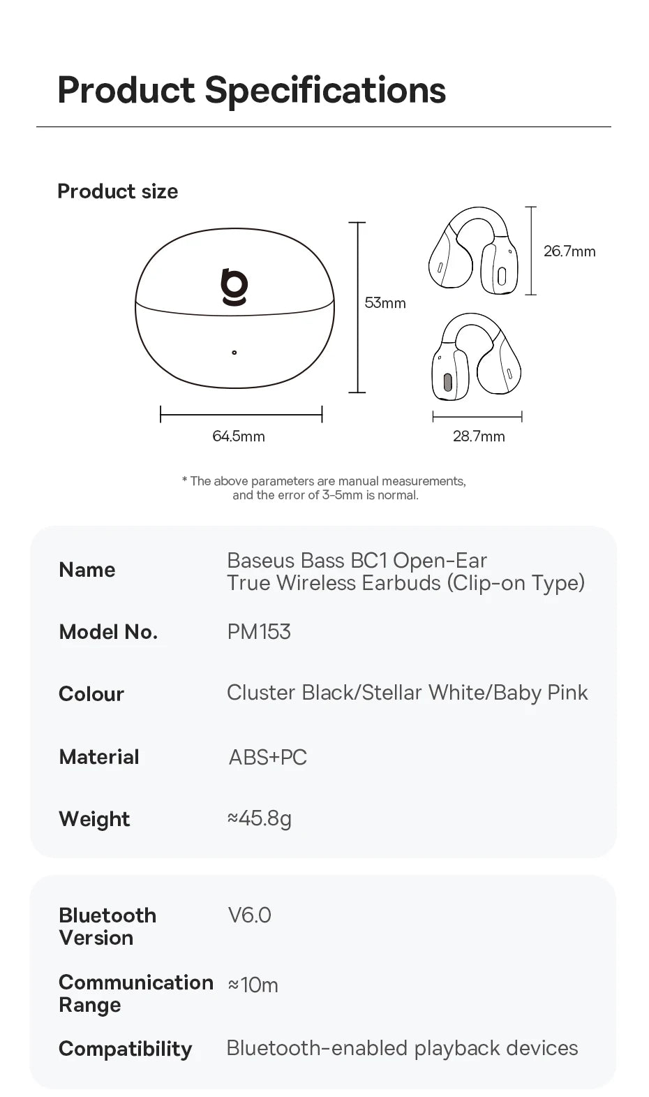Baseus bc1 otwarte słuchawki na klips – bezprzewodowe sportowe słuchawki bluetooth 6.0 z 4 mikrofonami, super basem i ip55