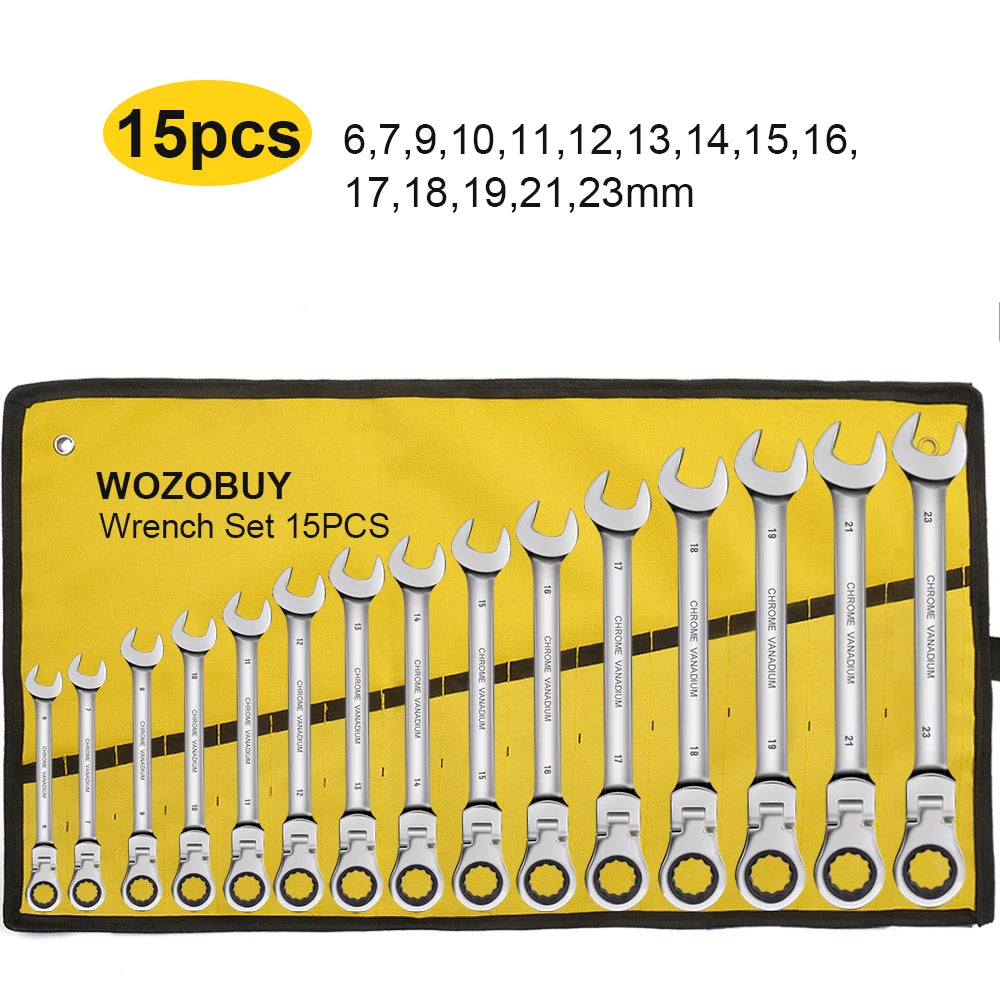 Zestaw kluczy płasko-oczkowych z grzechotką i ruchomą głowicą, metryczny 6-23mm