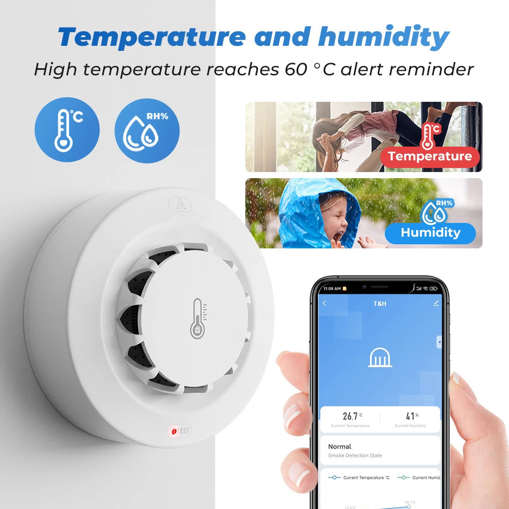 Detektor dymu tuya smart wifi i bluetooth z temperaturą i wilgotnością