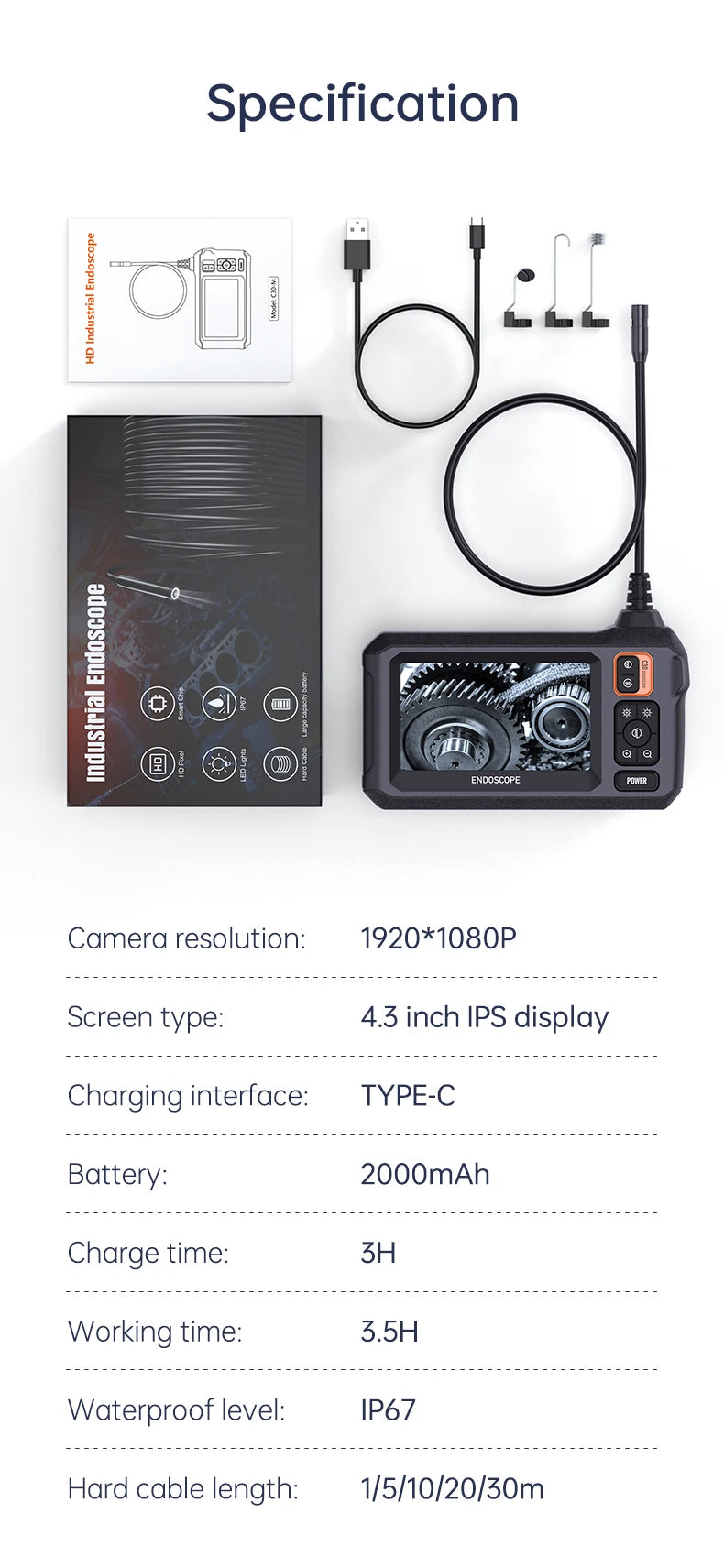 Kamera inspekcyjna vabena 8mm hd1080p | ekran ips 4.3" | wodoodporna ip67 do samochodów i rur