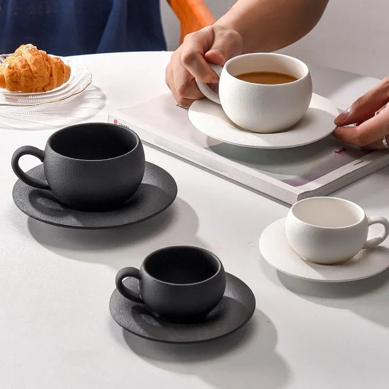 Artisan Fired Stone Ceramic Mug & Saucer Set | Rustic Elegance