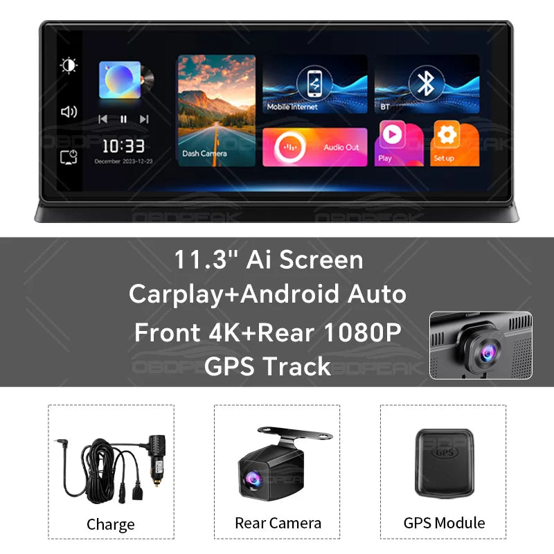 K2 pro 11.3" 4k bezprzewodowy carplay android auto kamera samochodowa z gps i podwójnym obiektywem