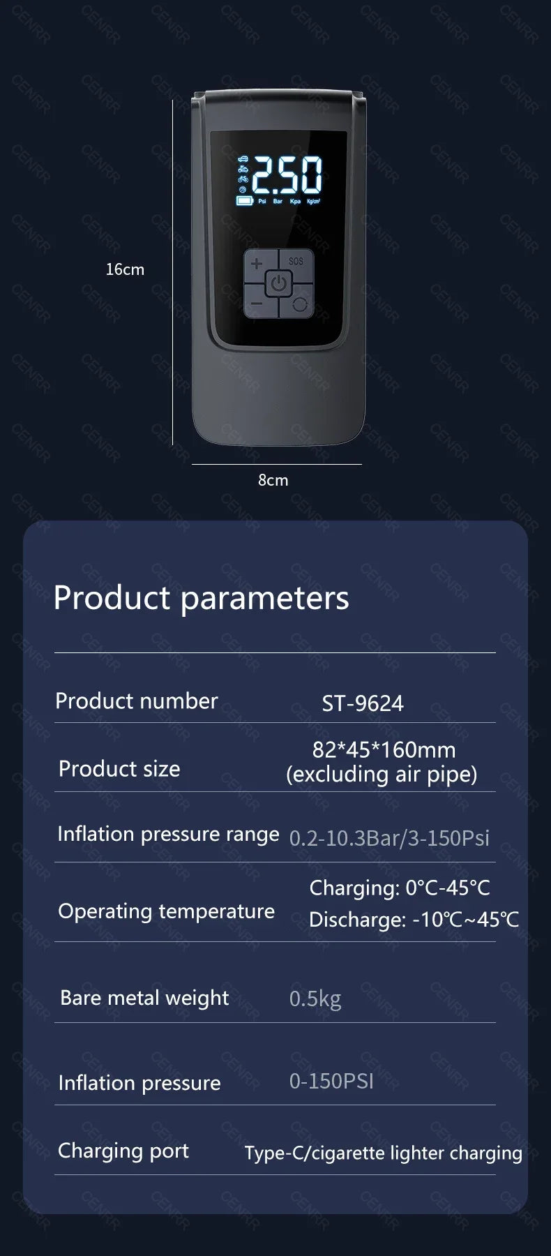Bezprzewodowa pompka samochodowa i inflator do opon z wyświetlaczem lcd