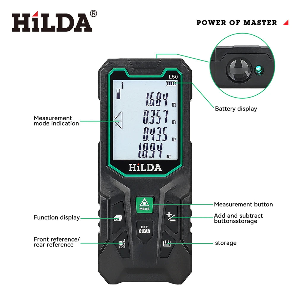 HILDA Laser Rangefinder | Digital Red/Green Light Distance Meter 50M-120M