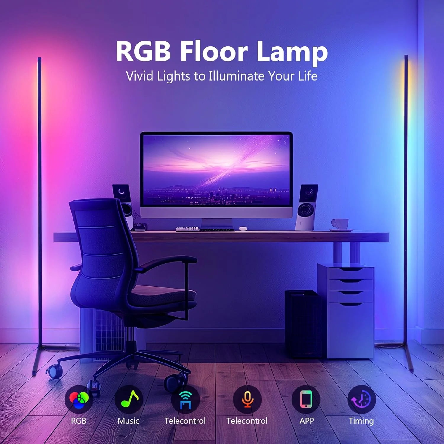 Smart RGB LED Corner Floor Lamp - App & Remote, 16M Colors, 63in