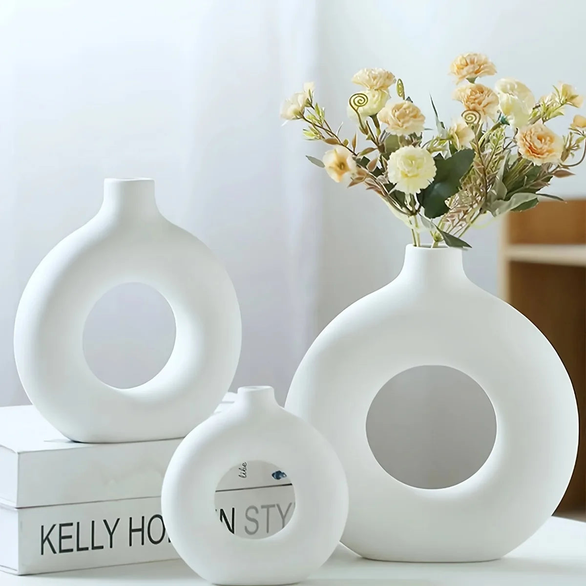 Elegant White/Beige Ceramic Donut Vase | Modern Home Decor
