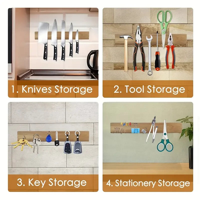 Vabena Wall-Mounted Acacia Magnetic Knife Rack - Kitchen Organizer