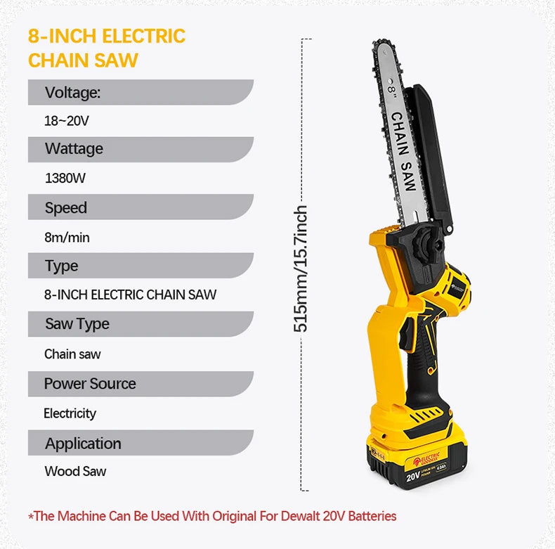 8-calowa 1380w bezszczotkowa elektryczna pilarka łańcuchowa – profesjonalna pilarka ogrodowa do baterii dewalt 20v