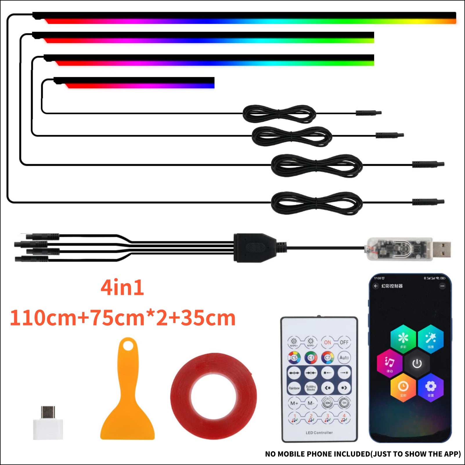 Paski led rgb akrylowe 10-w-1 do samochodu - sterowanie aplikacją i pilotem