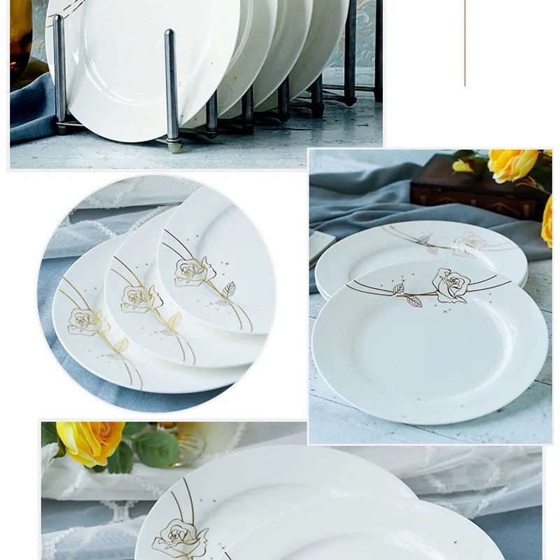 Vabena Gold Rose Bone China Dinner Plates Set - 8-Inch Elegant Tableware