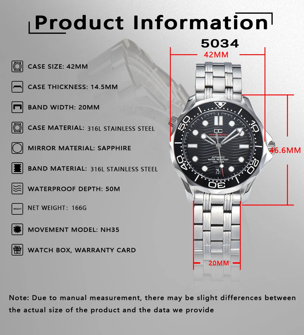 Vabena męski zegarek automatyczny 42mm nh35 | szkło szafirowe
