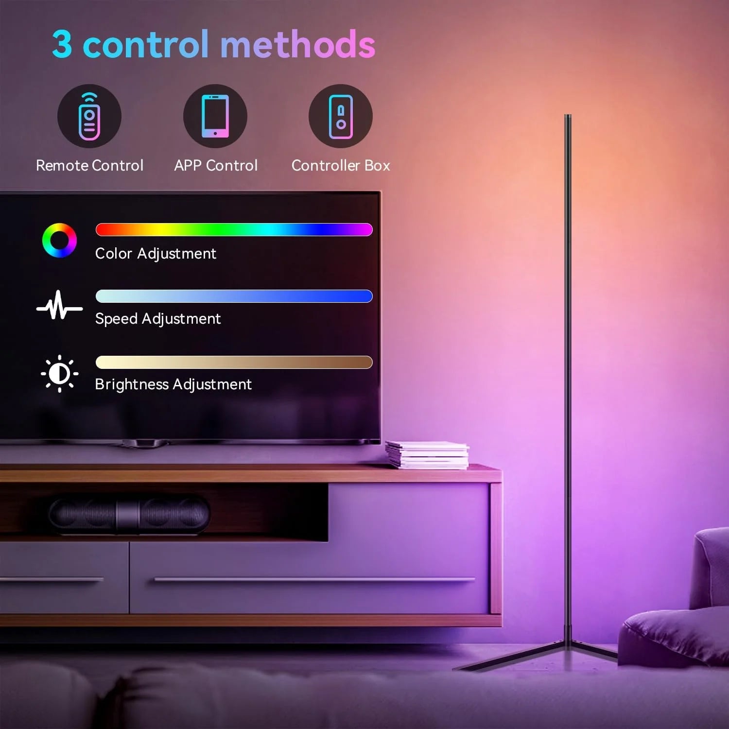 Smart RGB LED Corner Floor Lamp - App & Remote, 16M Colors, 63in