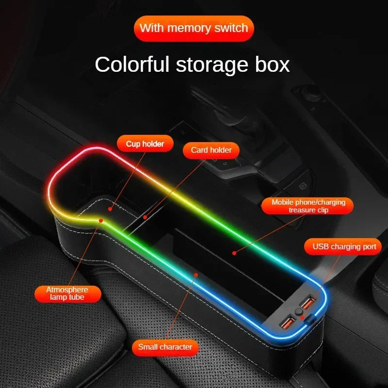 Organizer szczelinowy do samochodu z podwójną ładowarką usb i led – uchwyt na telefon, karty, kubki