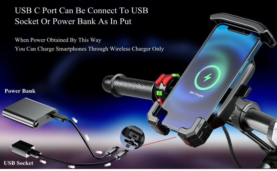 Uchwyt motocyklowy na telefon z szybkim ładowaniem bezprzewodowym i usb | montaż na kierownicę i lusterko
