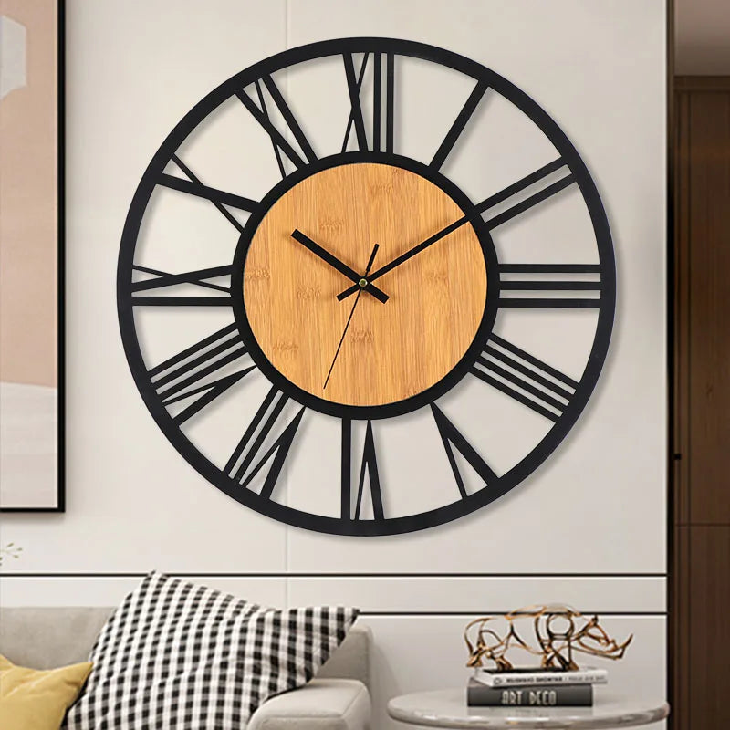 Nordic Retro 3D Large Wall Clock - Silent Roman Numerals Wood Metal Iron Decor