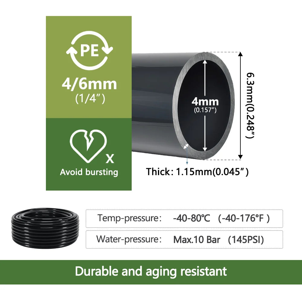Vabena czarny wąż ogrodowy pe 1/4" 3/8" od 6-12mm – odporny na ciśnienie