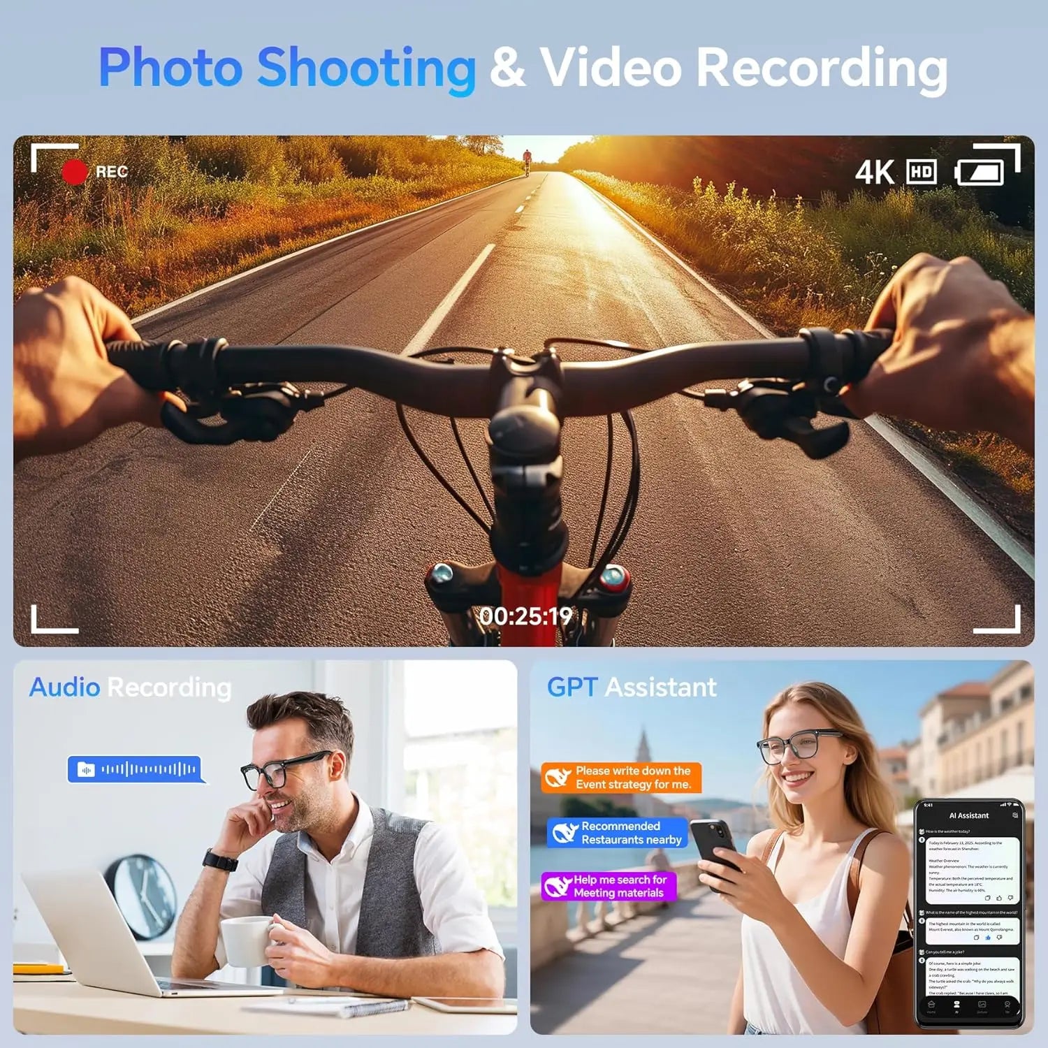 Okulary guhuavmi inteligentne: wideo 1080p hd, kamera i ai chatgpt