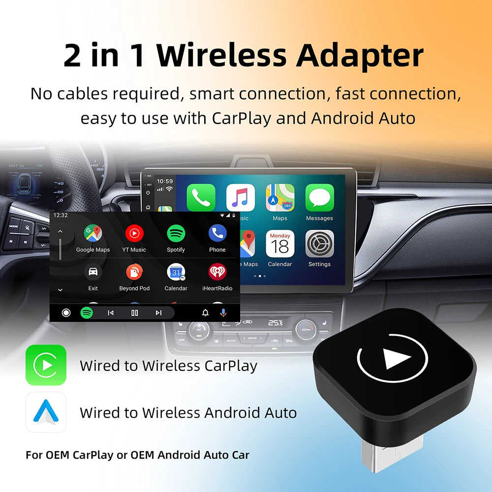 Adapter 2w1 bezprzewodowy carplay i android auto | inteligentny box ai do samochodów