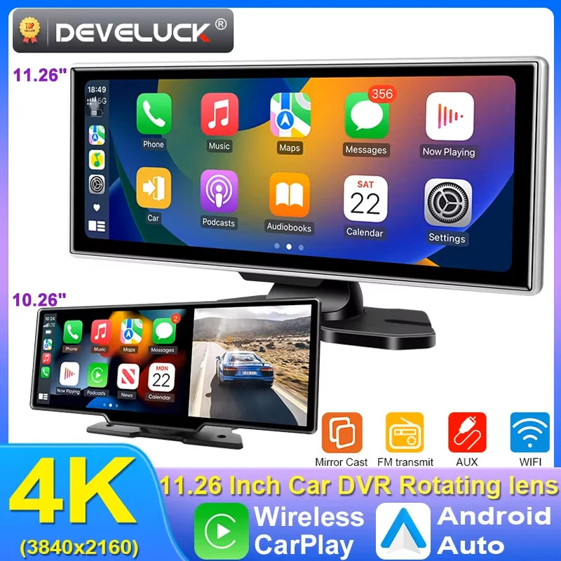 Kamera samochodowa 4k 10/11.26" z bezprzewodowym carplay i android auto | gps | podwójny obiektyw