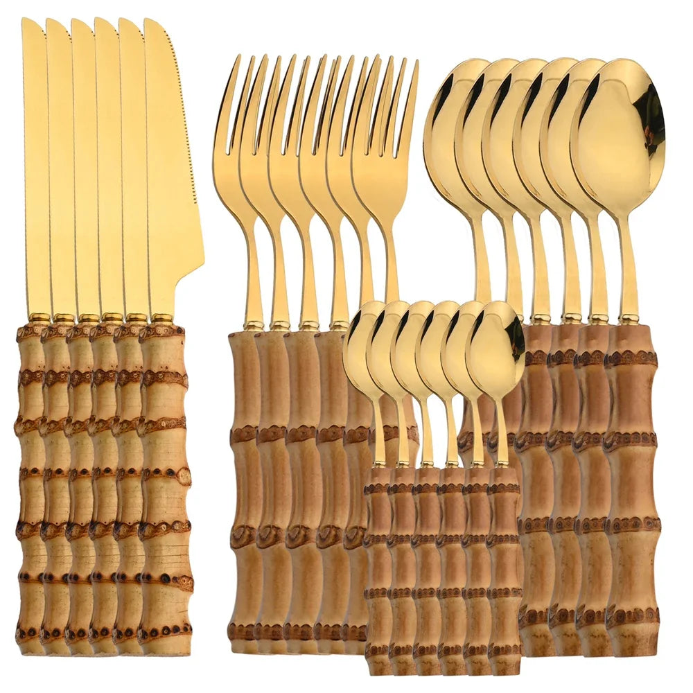 24Pcs Bamboo Handle Stainless Steel Cutlery Set - Natural Flatware