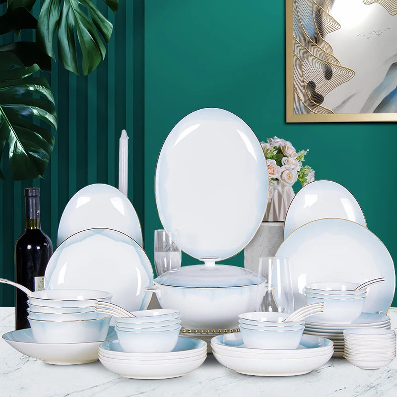 Vabena 80pcs Nordic Gold Rim Luxury Bone China Dinnerware Set
