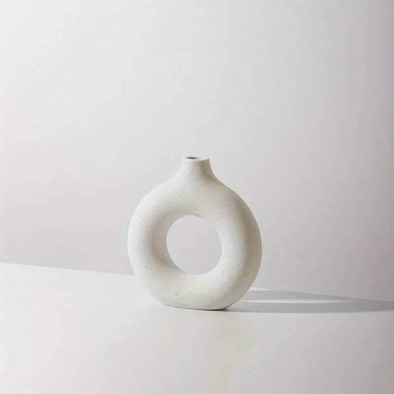 Modern Boho Ceramic Donut Vase - White & Beige Decor