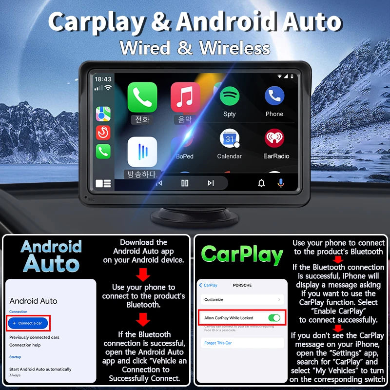 Przenośne radio samochodowe hippcron 7 cali z bezprzewodowym carplay i android auto