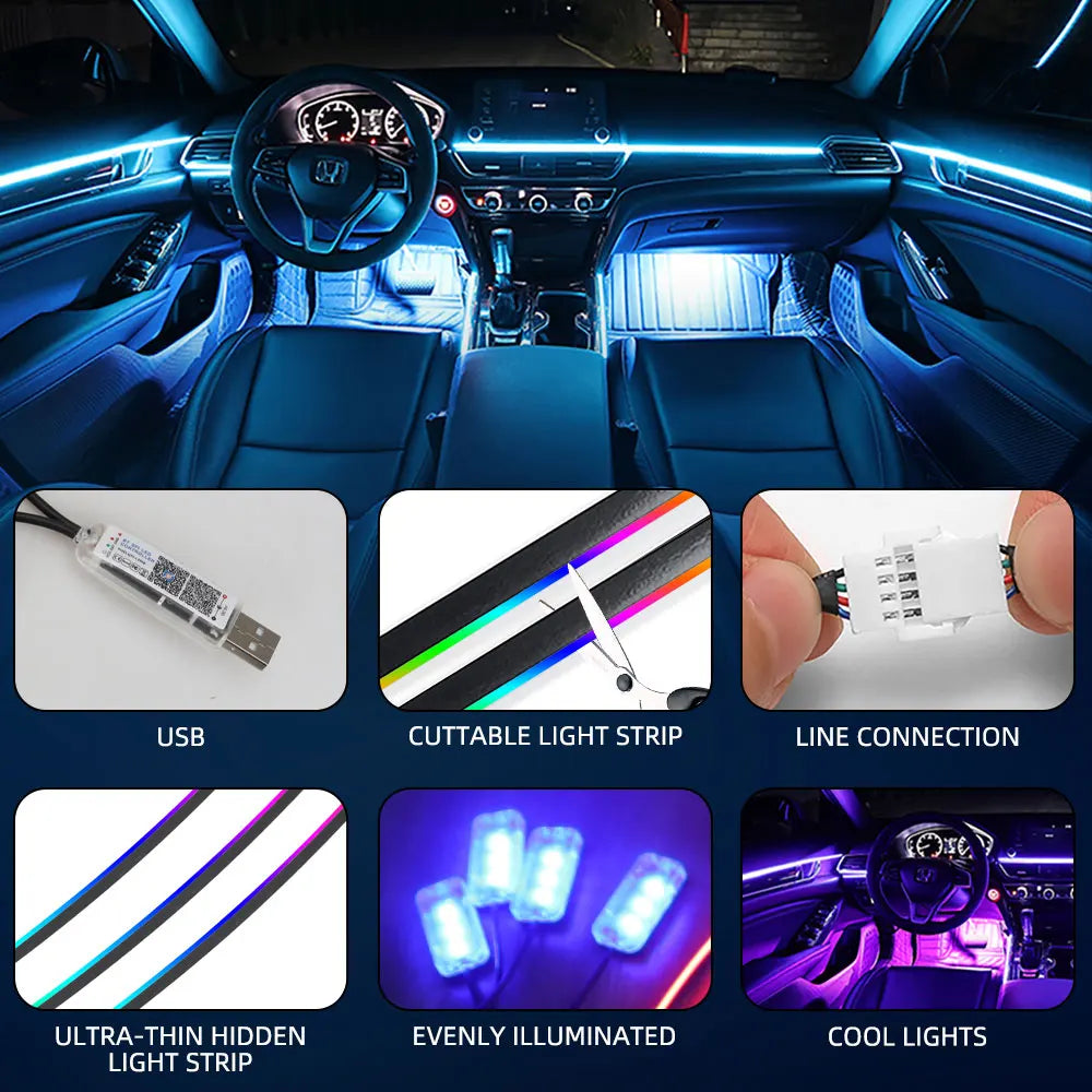 Paski led rgb akrylowe 10-w-1 do samochodu - sterowanie aplikacją i pilotem