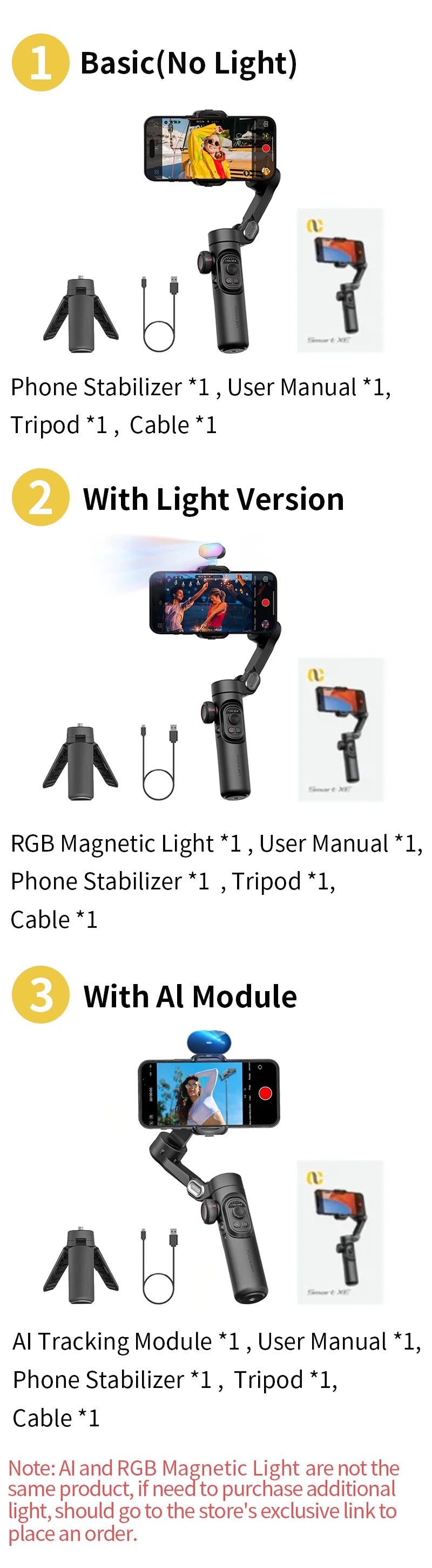 Stabilizator gimbalowy aochuan 3-osiowy do smartfonów z lampą led