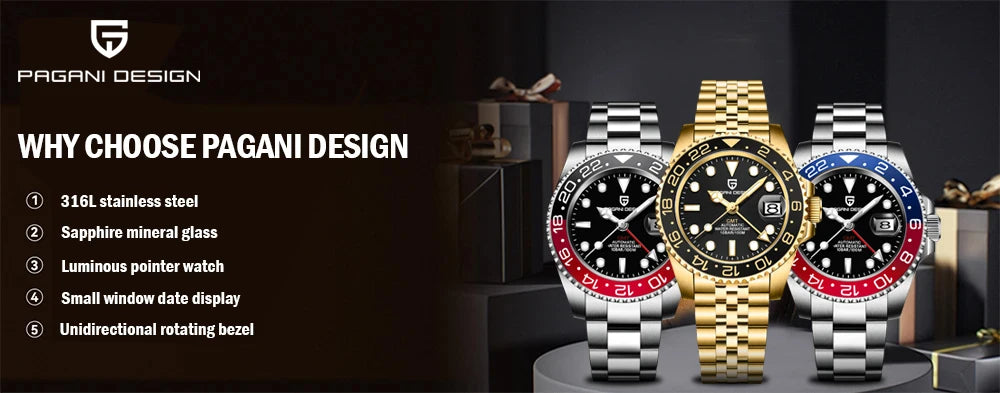 Zegarek mechaniczny męski pagani design pd-1662 luksusowy gmt - szafir, stal, wodoodporny 100m