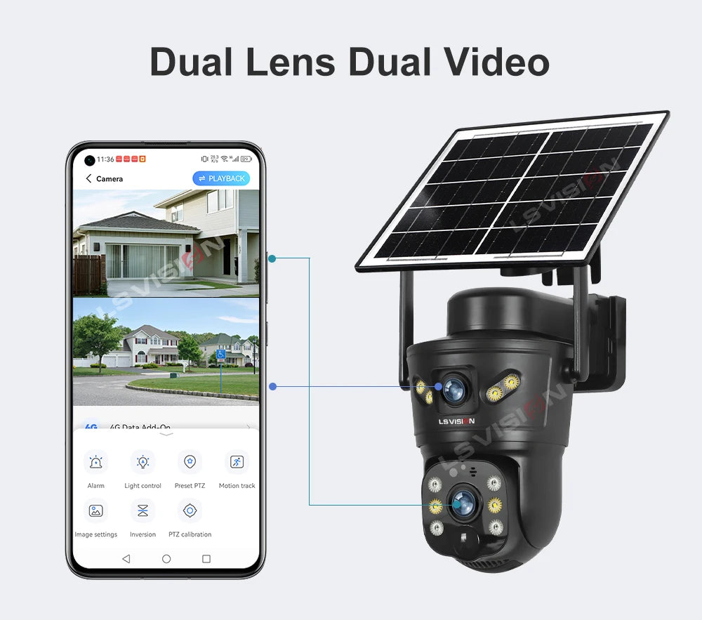 Kamera solarna zewnętrzna ls vision 4g/wifi 8mp z podwójnym obiektywem, pir, kartą sim, widzeniem nocnym i wodoodpornością