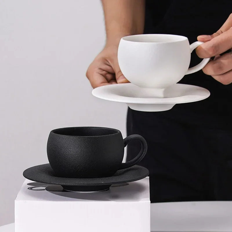 Artisan Fired Stone Ceramic Mug & Saucer Set | Rustic Elegance