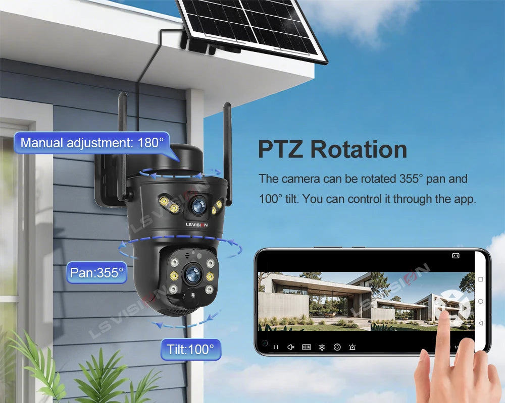 Kamera solarna zewnętrzna ls vision 4g/wifi 8mp z podwójnym obiektywem, pir, kartą sim, widzeniem nocnym i wodoodpornością