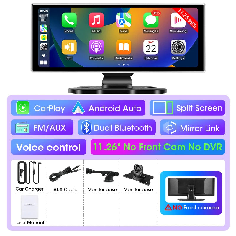 Kamera samochodowa 4k 10/11.26" z bezprzewodowym carplay i android auto | gps | podwójny obiektyw