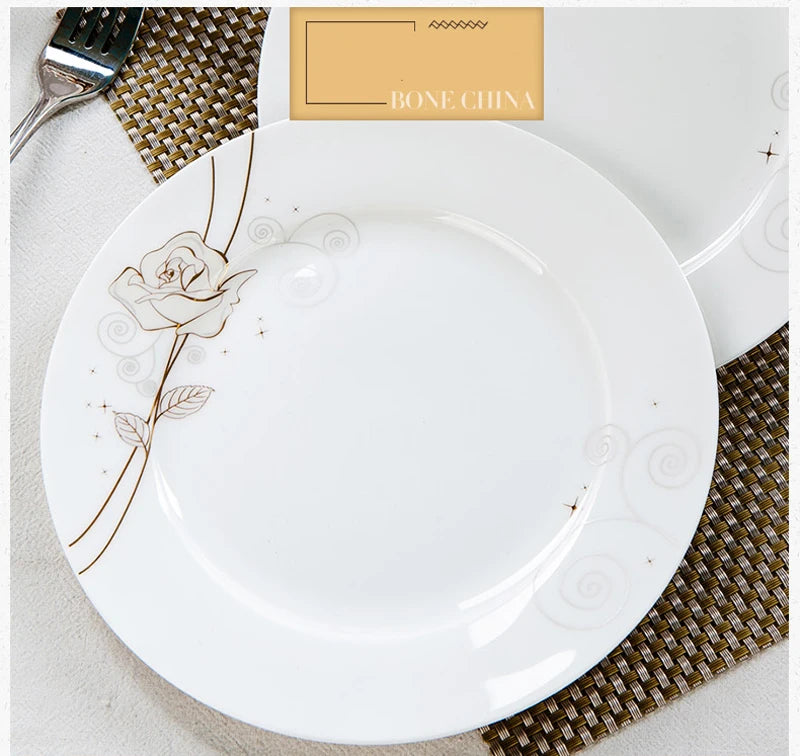 Vabena Gold Rose Bone China Dinner Plates Set - 8-Inch Elegant Tableware