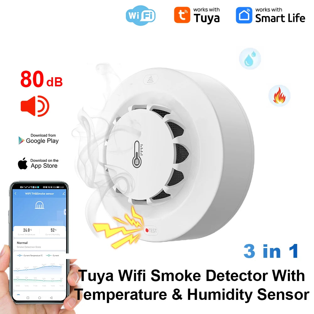 Detektor dymu tuya smart wifi i bluetooth z temperaturą i wilgotnością