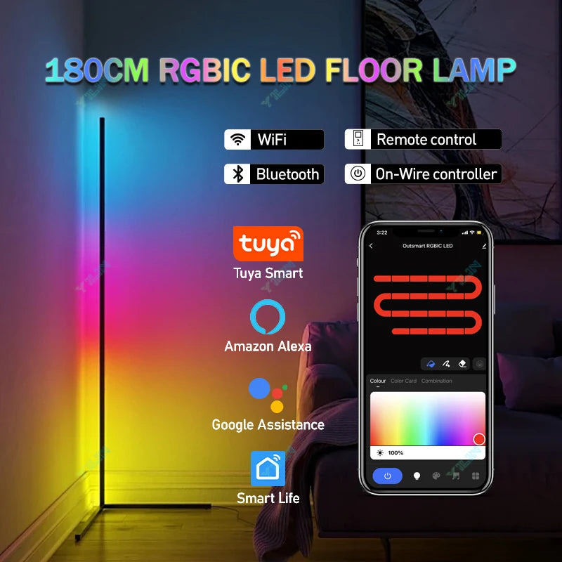 Inteligentna lampa podłogowa rgbic ze sterowaniem tuya | nastrojowe światło nordyckie do pokoju gracza (145/180cm)