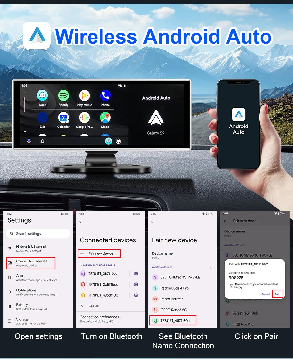 Kamera samochodowa 4k 10/11.26" z bezprzewodowym carplay i android auto | gps | podwójny obiektyw