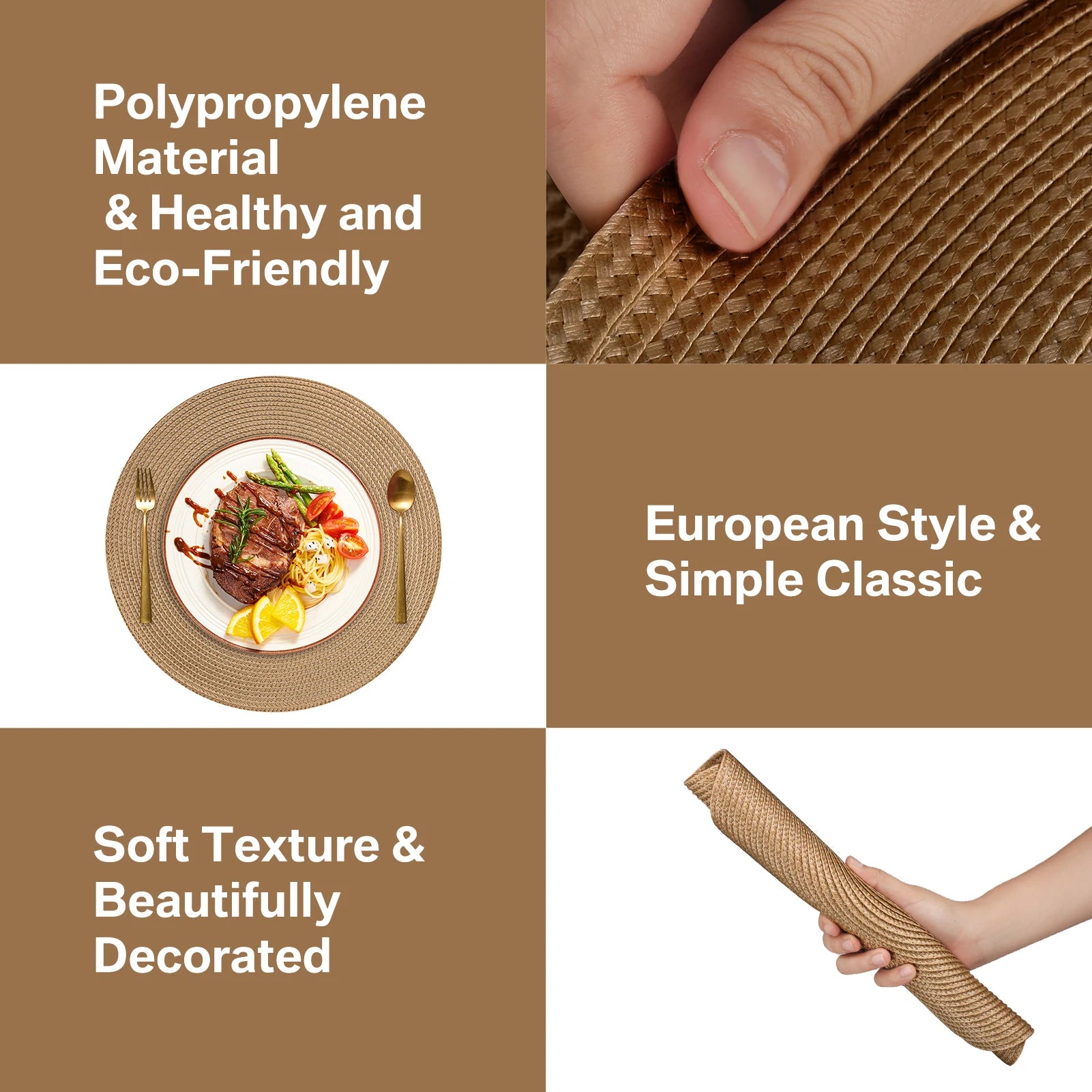 Luksusowe okrągłe plecione podkładki na stół – zestaw 6 sztuk | dekoracja jadalni