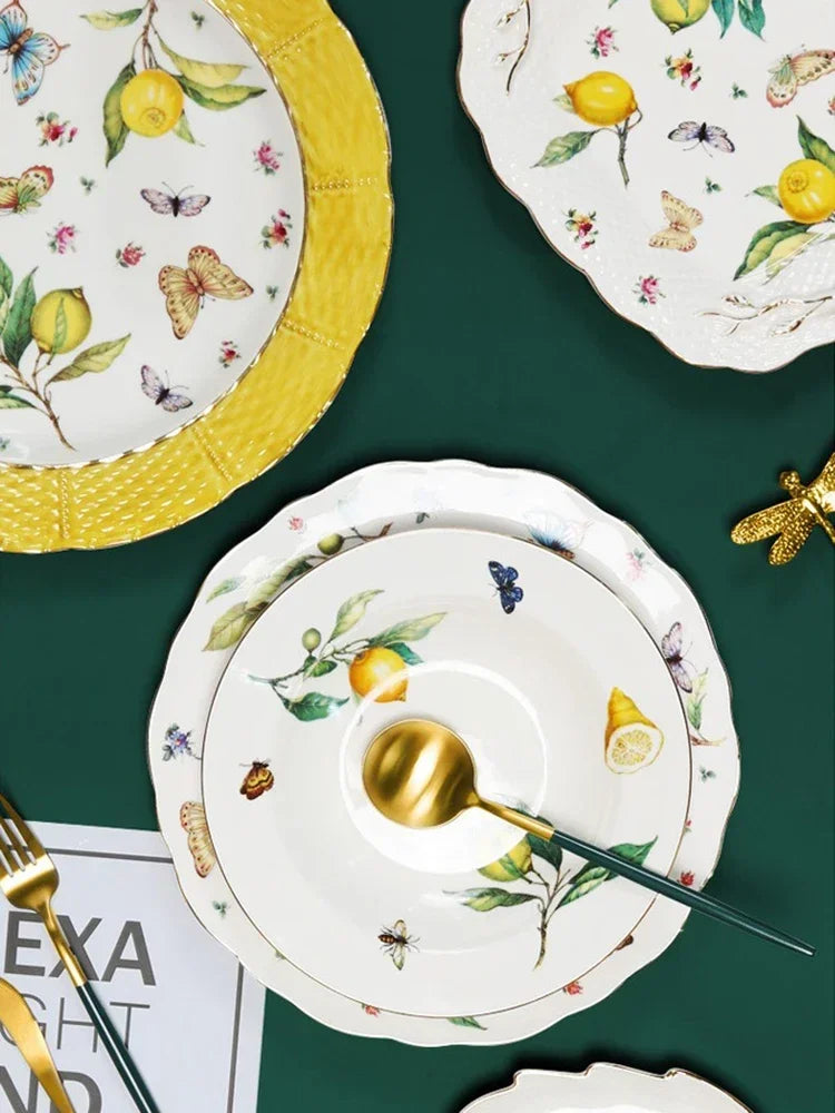 Europejski zestaw obiadowy ceramiczny z cytrynami - talerze i filiżanki