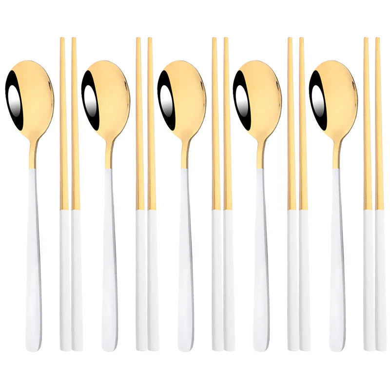 304 Stainless Steel Korean Cutlery Set | 10-Piece Chopsticks & Spoons