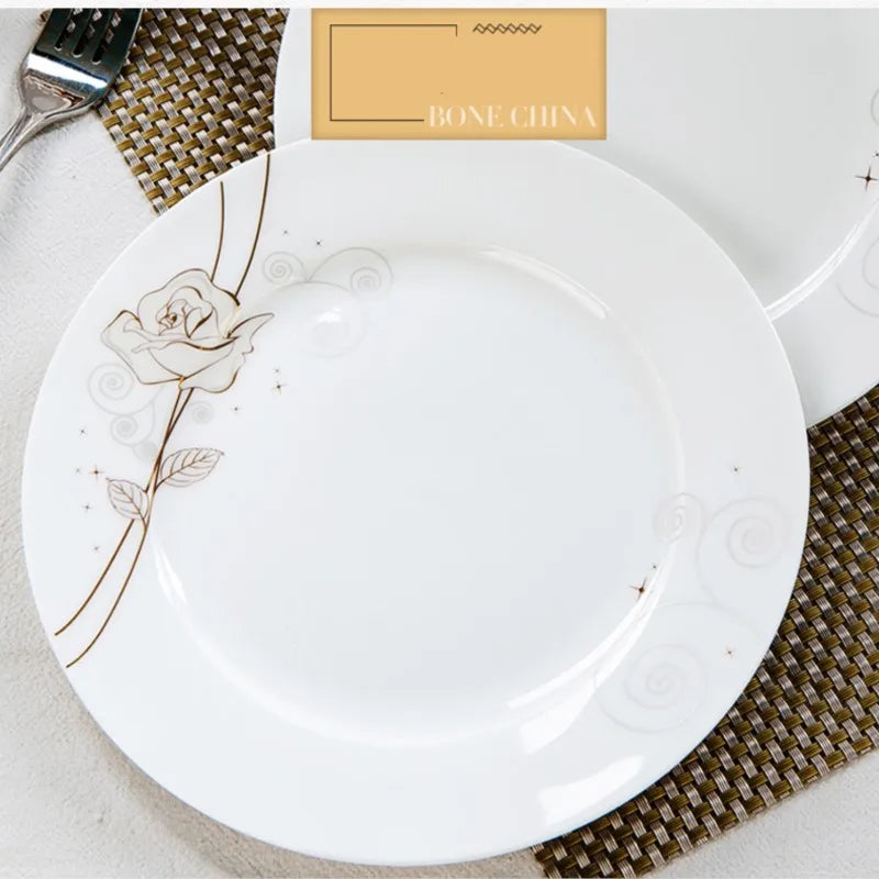 Vabena Gold Rose Bone China Dinner Plates Set - 8-Inch Elegant Tableware