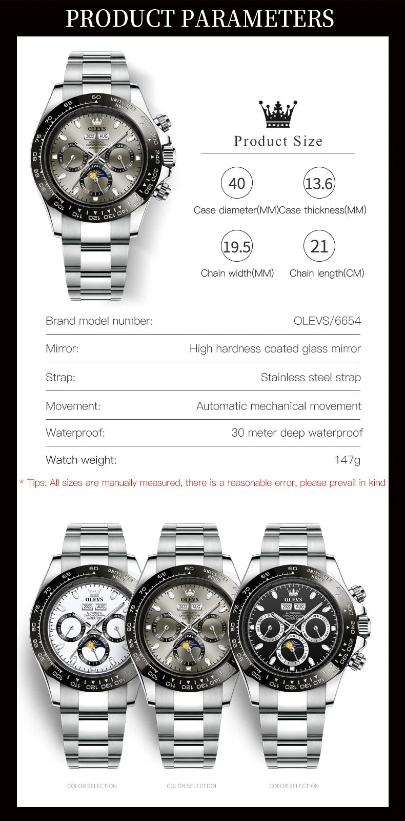OLEVS 6654 Luxury Automatic Mechanical Chronograph Men's Watch Waterproof Luminous